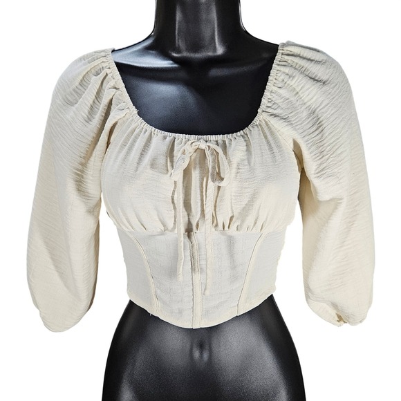 Honey & Sparkle Cream Peasant Crop Top M Milkmaid Puff Sleeve Corset Cottagecore - Picture 2 of 9